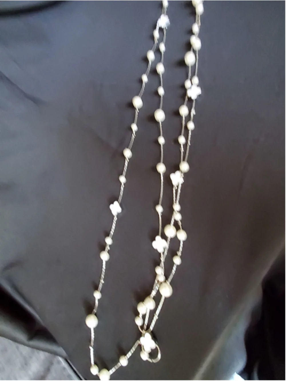 Long White and silver faux Pearl and Clover Necklace,